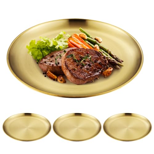 GOEDCH Lot de 4 plateaux ronds dorés : 23 cm 201 en acier inoxydable - Assiettes décoratives dorées - Plateau rond Go ld - Assiettes plates en métal pour...