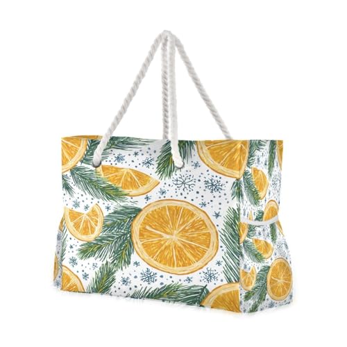 Large Beach Bags Totes Canvas Tote Shoulder Bag Hand Drawn Lemon Snowflake Water Resistant Bags for Gym Travel Daily