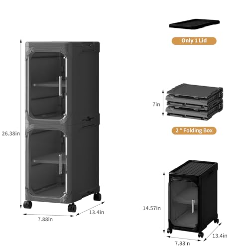 Image of 2-Tier Narrow Slim Bathroom Storage Cabinet with Wheels, Black | Tool Free Assembly, Adjustable Shelves, Fits for Narrow Spaces, Reinforced Stability, Magnetic Clear Door