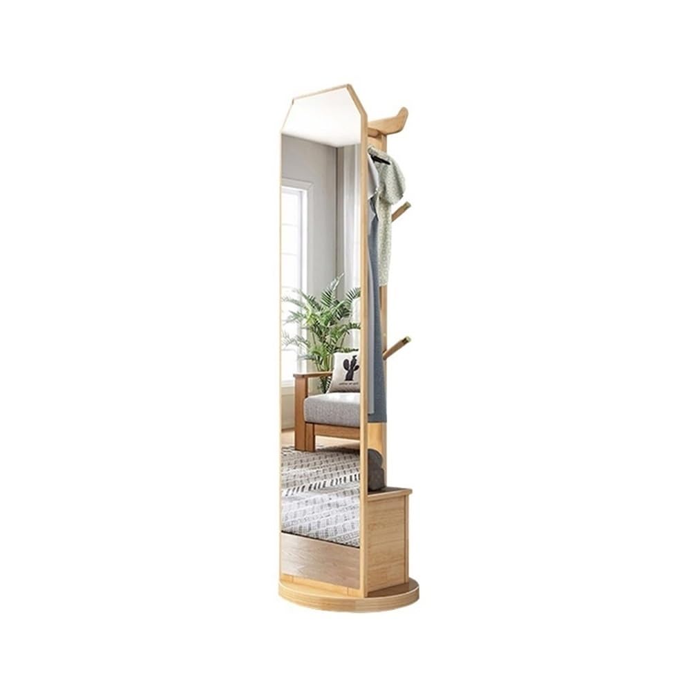 AILIUXIAOYAN Coat Rack Solid Wood Clothes Hanger with Drawer Storage Cabinet Rack Entrance Porch Floor Stand Removable Full-body Mirror(Wood)