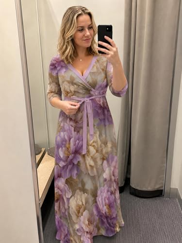 Image of Plus Size Maxi Dress for Women V Neck 3 /4 Sleeve Wrap Dress