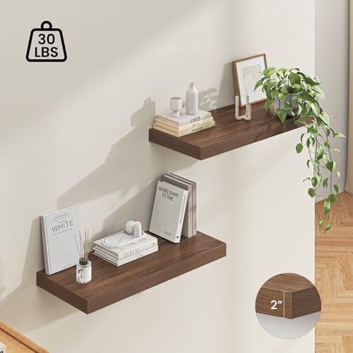 Image of Dreamland 32 inch Floating Shelves for Wall, 12 inch Deep Thicker Walnut Floating Shelves, Wall-Mounted Shelves for Bedroom, Living Room, Kitchen, Bathroom - Set of 2