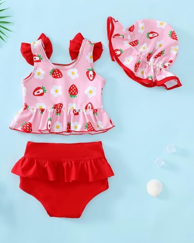 Mioglrie Toddler Swimsuit Girl 12-18 Months Toddler Bathing Suit Two Piece Red Strawberry Tankini Baby Girl'S Swimwear Summer Beach Bikini Hat Outfits Set thumb #2
