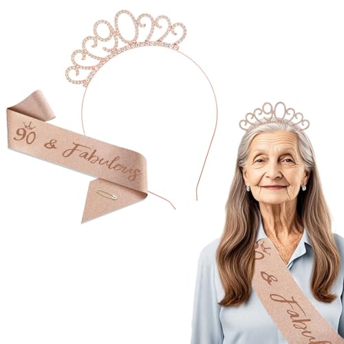 KOQAIIZ Feliz 90 Aniversários faixa de cetim ouro rosa feliz aniversário Sash 90th diadema tiara cristal aniversário de anos faixa de cristal aniversário faixa