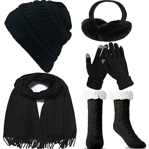 WEASIC Women's Cold Weather Sets Hat and Scarf Set for Women Hat Scarf and Gloves Set Ladies Womens Hat Scarf and Gloves Set Ear Muffs Slippers Women Christmas Gifts for Women - Black Cover