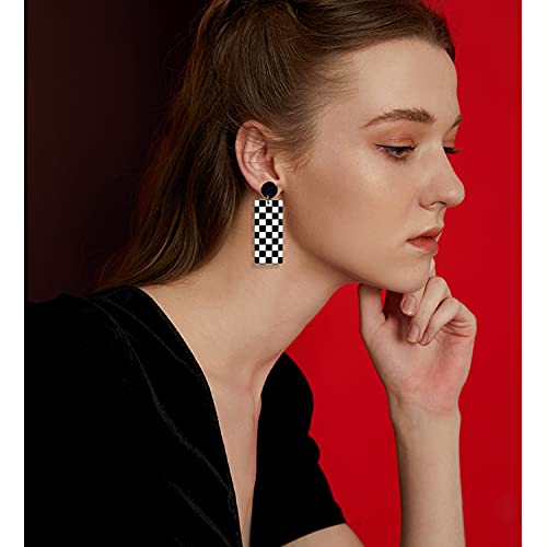Unique Acrylic Black White Striped Checkered Dangle Drop Earrings Heart Flower Pattern Stud Earrings for Women Statement3