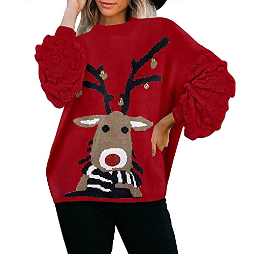 Sovoyontee Women's Cute Funny Ugly Christmas Sweater Puff Sleeve Snowflake Reindeer Holiday Oversized Knit Pullover - Image 3