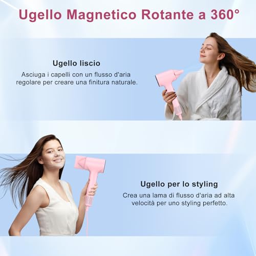 Secador de Pelo mit 400 Millones de Plasma, 110000 RPM Secador de Pelo Profesional mit 4 Temperaturas, Secado Rápido mit Magnetic Detachable Nozzzle, Bajo Nivel de Ruido para Casa, Viajes (Rosa) - imagen 6