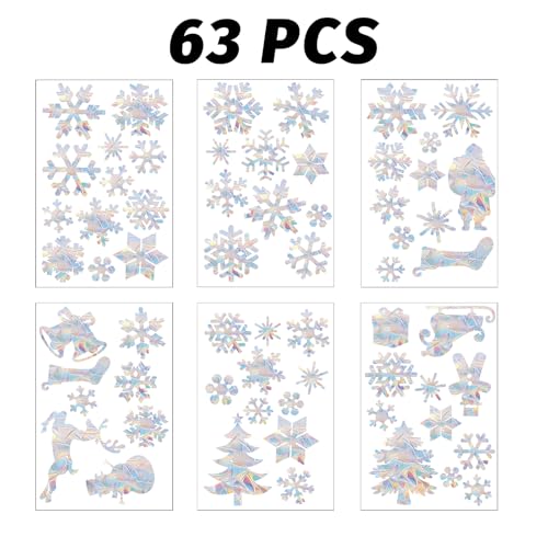 Image of 63 PCS Christmas Snowflake Window Clings - Holographic Rainbow Effect Christmas Window Decals, Double-Sided Reusable Static Stickers for Glass Windows, Mirrors & Holiday Decorations (No Glue Needed)