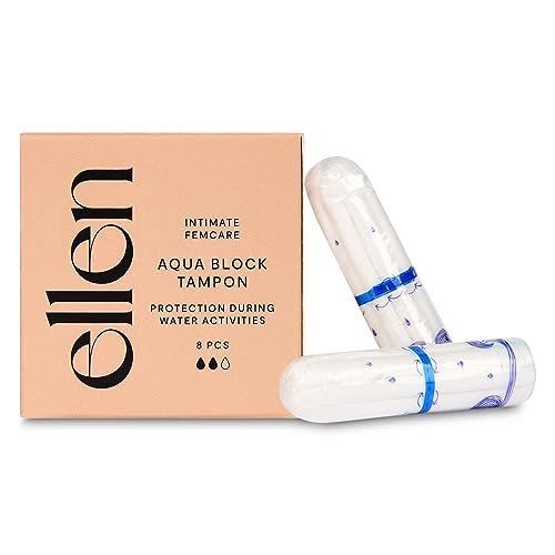 ellen® Aqua Block Tampon – Tamponi per il bagno e il nuoto con barriera impermeabile – Protegge l'addome dall'acqua – Per l'uso durante il periodo – Normale – 8 pezzi