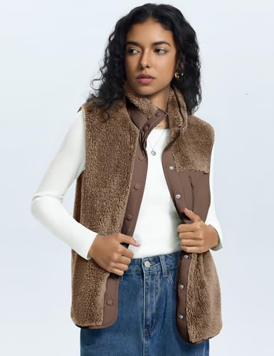 Rapbin Vests for Women Lightweight Stand Collar Sherpa Fuzzy Fleece Vest Buttoned Sleeveless Jackets with 3 Pockets4