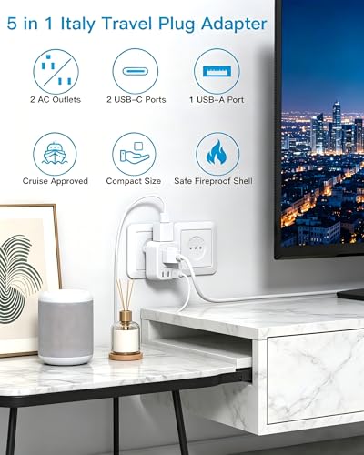 Image of HANYCONY Italy Travel Adapter, Grounded Type L Plug Adapter with 2 AC Outlets 3 USB Ports (2 USB C), US to Italy Power Adapter for Rome, Chile, Uruguay, Ethiopia - Cruise Ship Approved