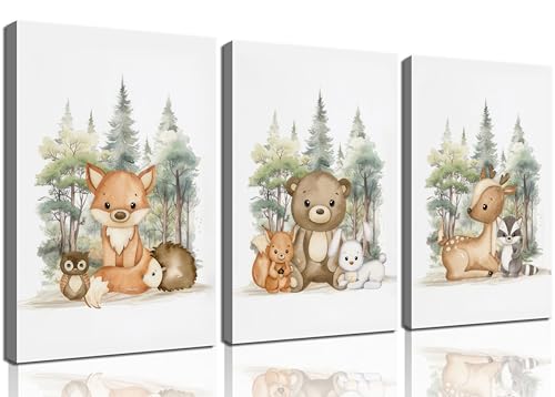 Image of 3 Pcs Woodland Animal Nursery Canvas Wall Art Cute Wild Animals Poster Print Fox Bear Deer Painting Picture for Kids Room Boys Girls Room Wall Decor Framed
