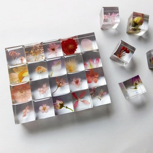 POFET 10 Stück Briefbeschwerer aus Kunstharz mit Blumenmotiv der Frühherbst-Gelb-Serie für den Schreibtisch, mit echter geprägter Mustertischdekoration, durchsichtiger quadratischer Briefbeschwerer