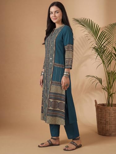 Image of INDO ERA Women's Green Silk Blend Floral Embroidered Straight Festive Kurta & Pant with Dupatta Set