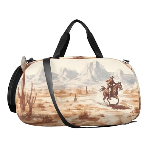 YETTASBIN Sport Travel Duffel Bag for Girls Boys, Western Desert Cowboy Large Waterproof Weekender Overnight Bag, Detachable Shoulder Strap Gym Bag with Shoe Compartment & Wet Pocket2