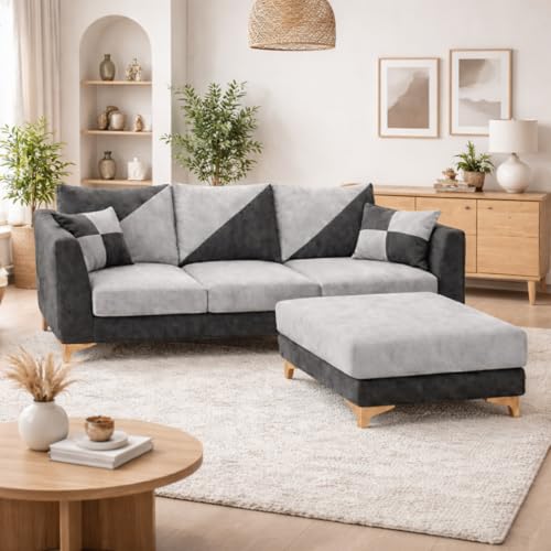 Image of Juliet 4 Seater L Shape Sofa Set with Movable Ottomans | Flexible Layout | Rich Velvet Suede Fabric | Silver Legs | Dual Tone Modern Sofa for Living Room (Light Grey-Dark Grey)