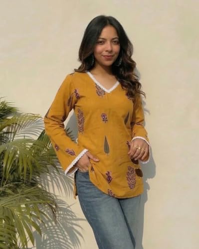Image of ANNI Designer Women's Viscose Blend Printed Short Kurti | Ethnic Printed Tunic Top | V Neck Lace Detail | Full Sleeve Hip Length Kurta Top for Women