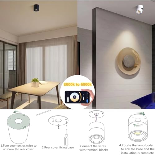 Image of LED 3CCT Dimmable Ceiling Spotlight Indoor 360Adjustable -Tuya Smart Life Surface Mounted 12W COB Directional Art Lighting-Hard Wired Ceiling Downlight for Mural Display Home Shop (Black)