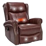 PELUMY Genuine Leather Swivel Rocking Recliner Chair for Adults, 360° Swivel Glider Rocker with Heat & Vibrating Massage, Lounge Chair for Living Room, Bedroom, Nursery (Burgundy Brown)