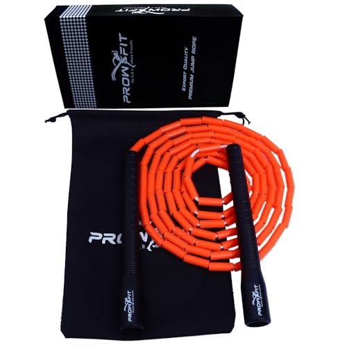 Image of Freestyle Unbreakable Long Handle Soft Shatterproof Beads 1Inch Beaded Jump Rope, Skipping Rope Adult. (10 Ft) (Orange- Black handle)