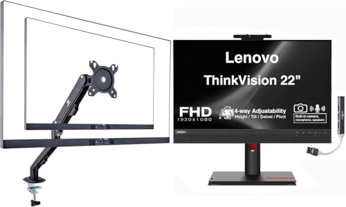 Image of Lenovo ThinkVision 22 inch FHD IPS Conferencing Monitor with 4ms Response Time | Anti-Glare, VESA Mount (100 x 100mm), Adjustable Height, Tilt, Swivel, Pivot, HDMI w /DKZ Hub & ErgoFlexy Single Mount Arm