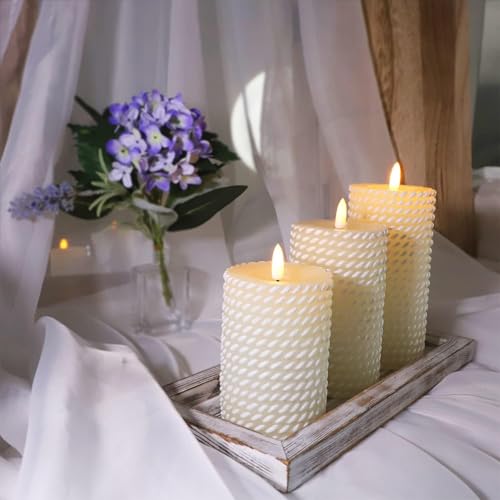 Image of Crystal Club White Flameless Candles,Corded Pattern Carving Battery Operated Candles with Remote Control LED Pillar Candles for Wedding Holiday Home Tabe Decor