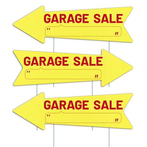 Yellow Arrow Garage Sale Sign with Stakes Waterproof Reusable Yard Sale Signs with Directional Arrows 16x5inch Double Sided Sale Sign Plastic Yard Sale Supplies (3)