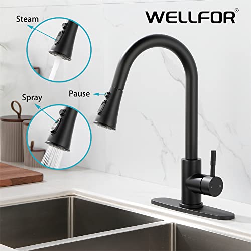 Wellfor Single Handle High Arc Pull Out Kitchen Faucet, Single Level Stainless Steel Kitchen Sink Faucets With Pull Down Sprayer, Deck Plate Included, White #TOP6