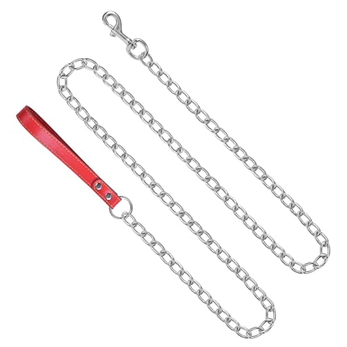 Correa para Perro con Cadena de Metal y Mango de Cuero PU - Antimordidas 180cm, Resistente para Perros Grandes, Medianos y Pequeños,Paseo y Entrenamiento