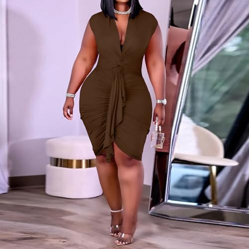 Image of IyMoo Women's Sexy Plus Size Bodycon Sleeveless Drawstring Ruched Mini Club Dresses