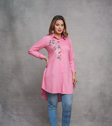 Image of Casual Full Sleeve Hand Embroidery Rayon Women's Long Shirt