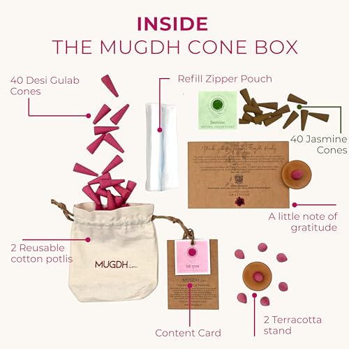 Image of Mugdh Natural Incense Cones Combo - Rose & Jasmine | Bambooless, Low Smoke, Charcoal Free Dhoop Cones | 80 Organic dhoop batti | Free Cotton Potli & Dhoop Stand | Home Fragrance, Pooja & Meditation
