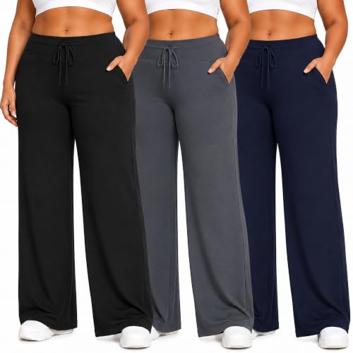 HLTPRO 3 Pack Lounge Pants Women Plus Size Wide Leg Pants Woman with Pockets Casual Pajama Palazzo Black Pant for Yoga