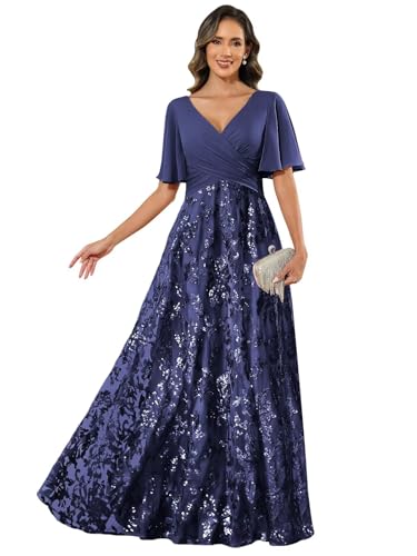 Sequin Long Mother of Bride Dresses for Women V Neck Ruched Formal Wedding Guest Dress