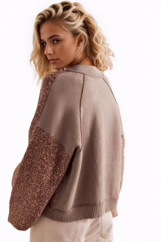 D-Sun Women Leopard Cardigan Sweater Cropped Button Down Long Sleeve Crewneck Sweater Fall Winter Open Front Printed Top2