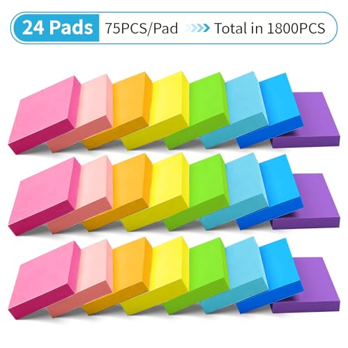 24 Packung Haftnotizen Klebezettel,50 x 38 mm Klein Sticky Notes,Selbstklebende Notizzettel Haftnotizen Blöcke für Büro Zuhause Schule Sitzung,75 Blätter/Notizzettel,1800 Blatt Insgesamt(8 Farbe)