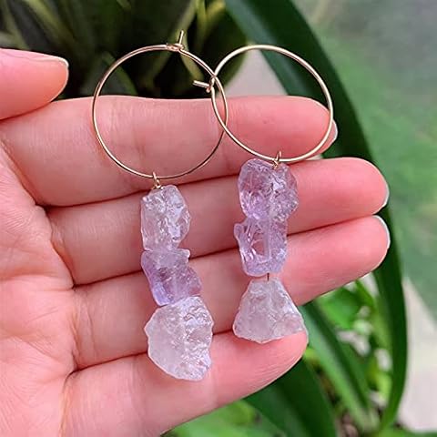 Small Stone Mineral Long Tassel Crystal Earrings Women Natural Amethysts Citrines Clear Quartz Dangle (Metal Color : Light Amethyst) Cover