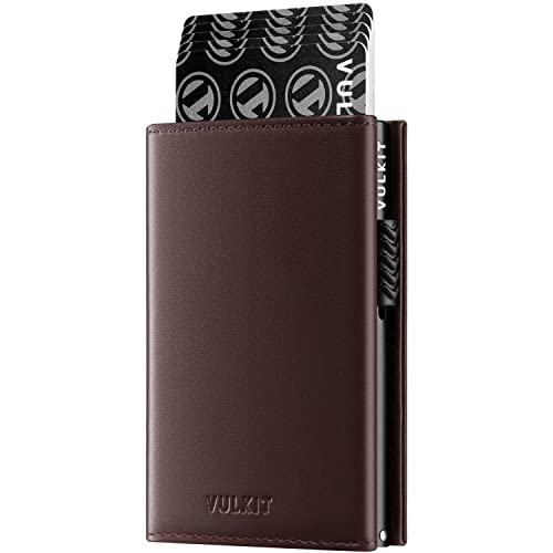 Image of VULKIT Card Holder Wallet with Coin Pocket Magnetic Closure Pop Up Cards With ID Window Leather Wallet for Cash & Credit Cards, Top Grain Cowhide - Espresso, Medium, Minimalist