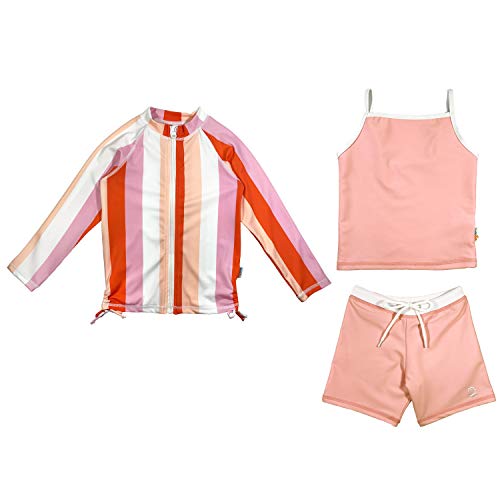 SwimZip Girls 3 Piece Long Sleeve Rash Guard, Shorts Set & Tankini | Peach - 5T