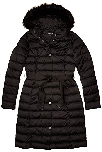 Kenneth Cole New York Women's Belted Snap Front Puffer with Faux Fur Trimmed Hood, Black, X-Small