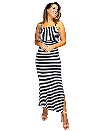 Vestido Longo Com Fenda E Babado Listrado Alça Fina (Branco/Preto, P)