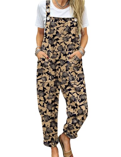 Image of YESNO Women's Overalls Cotton Boho Casual Floral Bib Jumpsuit Baggy Adjustable Strap Romper with Pockets PVV