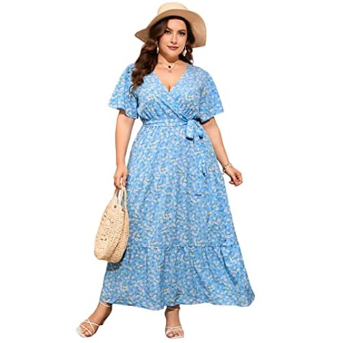 ShopWonder Womens Plus Size V Neck Wrap Maxi Dress High Waist Ruffle Summer Casual Dress with Belt, XX-Large, Sky Blue Flowers