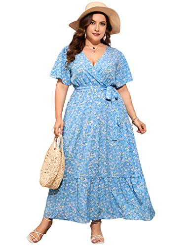 Image of ShopWonder Womens Plus Size V Neck Wrap Maxi Dress High Waist Ruffle Summer Casual Dress with Belt