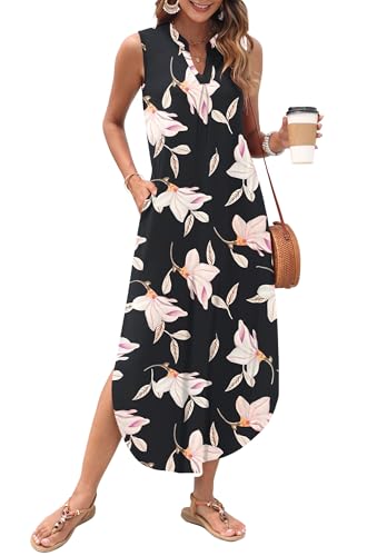 Image of AUSELILY Womens Summer Casual Maxi Dresses 2026 Sleeveless Long Beach Dresses V Neck Loose Sundresses with Side Split Pockets