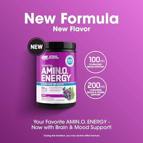 Image of Optimum Nutrition Amino Energy Powder Plus Focus, with BCAA, Electrolytes, and Caffeine, Grape, 30 Servings (Packaging May Vary)