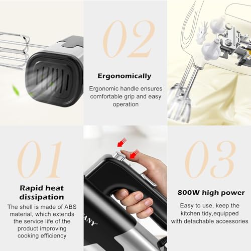 Batteur Électrique Cuisine 800W 5 Vitesses, Batteur À Main Batteur Électrique De Cuisine Batteur De Cuisine Avec 2 Crochets Pétrisseurs Et 2 Fouets, Pour Mélanger Les Œufs, La Pâte Et Les Gâteaux – Image 4