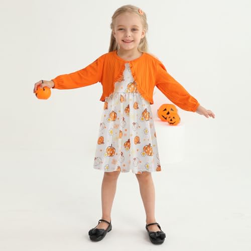 Patgoal Kid Toddler Girl Fall Dress+Cardigan 2 Piece Pumpkin Sleeveless Dress and Cardigan Set Halloween Thanksgiving Outfits2