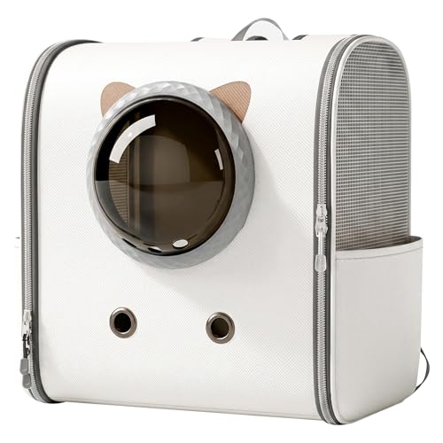 Mochila porta gatos para paseos urbanos y visitas al veterinario con gatito blanco 2